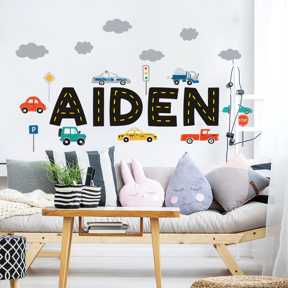 Baby Nursery Wallpaper - Custom Name Construction Vehicles Truck Wall