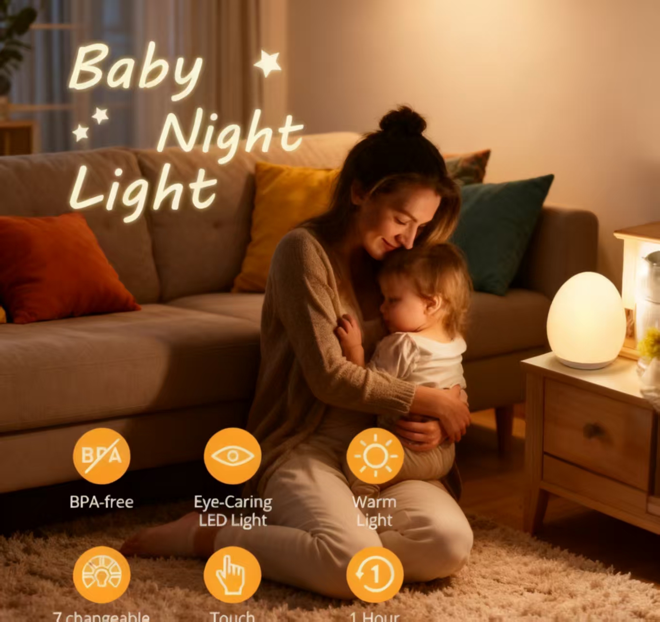 Baby Nursery Night Light - “Egg-Shaped Silicone Night Light, Touch-Dimmable 7-Color