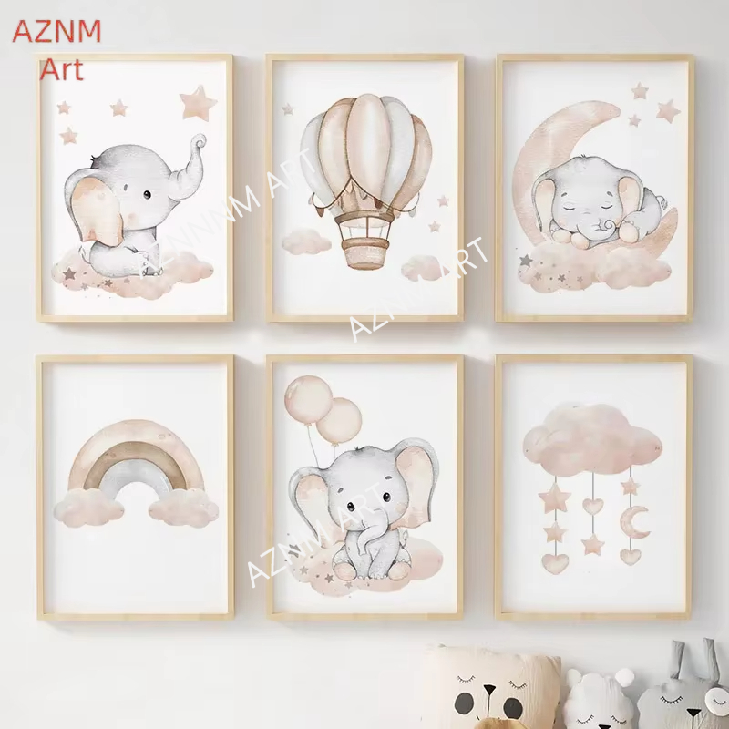 Baby Nursery Needs - Elephant Balloon Rainbow Moon Stars Cloud