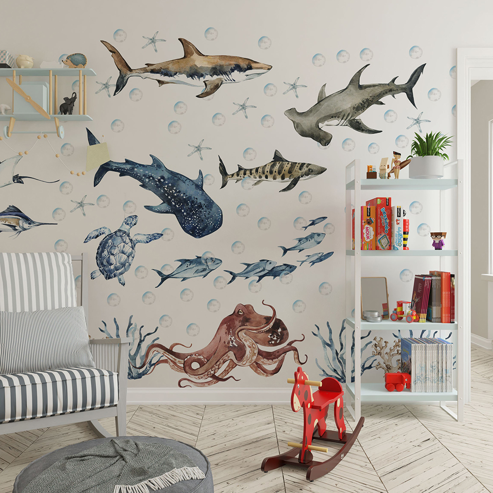 Baby Nursery Under The Sea - Large Ocean Shark Fish Wall Stickers