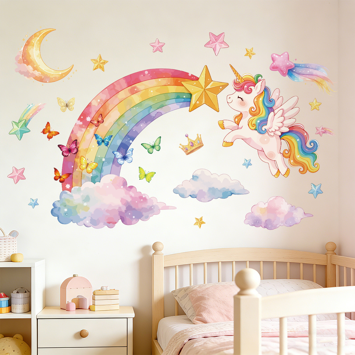 Unicorn Rainbow Butterfly Wall - Baby Nursery Wallpaper incelemesi ve fiyatı