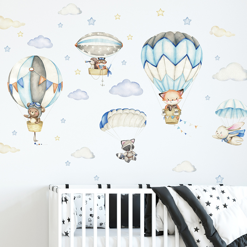 Cartoon Cute Animals Hot Air B - Baby Nursery Wallpaper incelemesi ve fiyatı