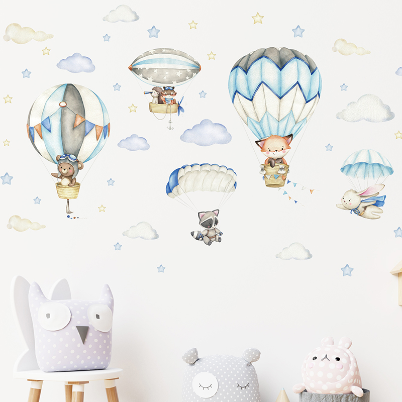 Cartoon Cute Animals Hot Air B - Baby Nursery Wallpaper incelemesi ve fiyatı