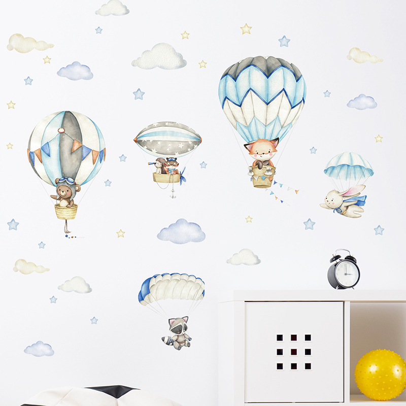 Cartoon Cute Animals Hot Air B - Baby Nursery Wallpaper incelemesi ve fiyatı