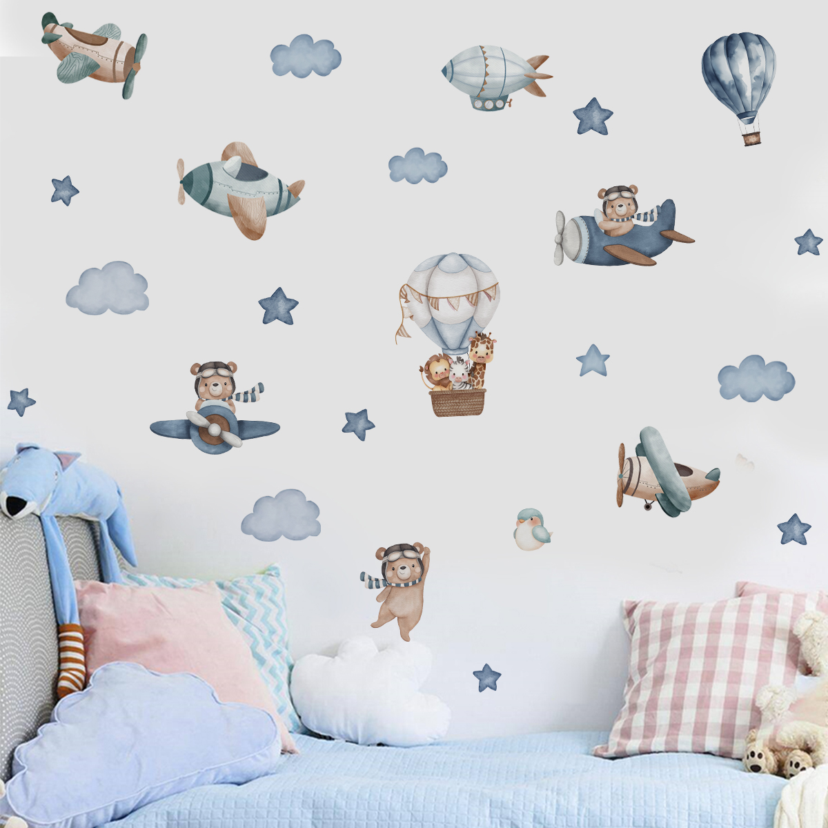 Watercolor Animals Hot Air Bal - Baby Nursery Wallpaper incelemesi ve fiyatı