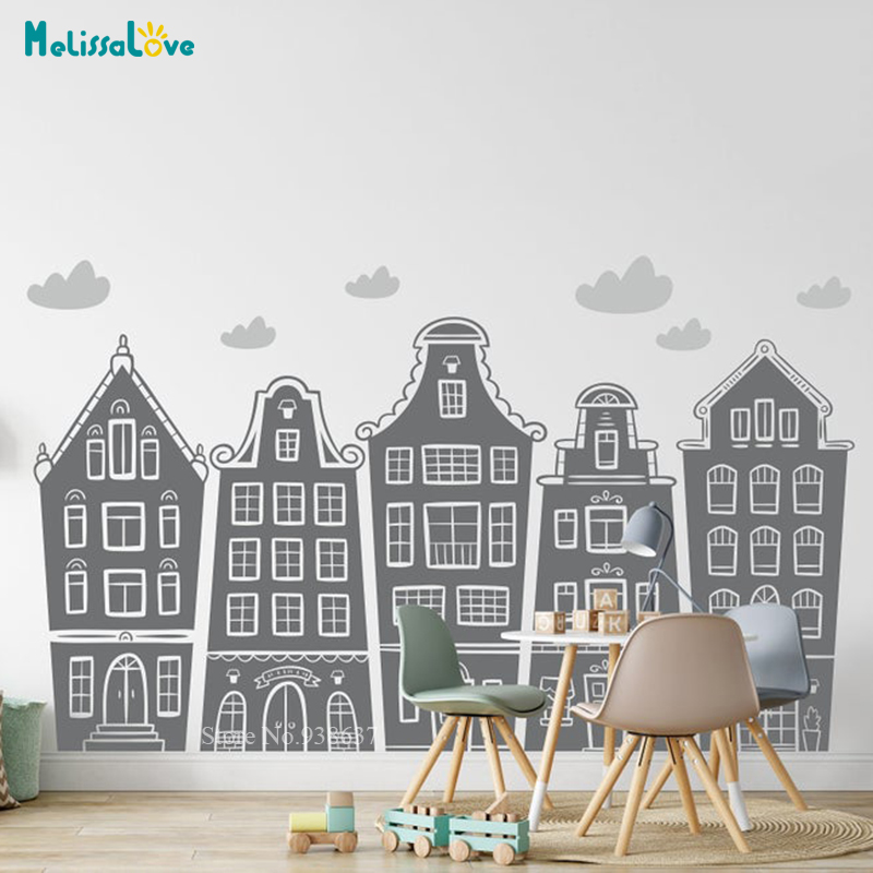 Scandinavian Houses & Clouds D - Baby Nursery Wallpaper incelemesi ve fiyatı