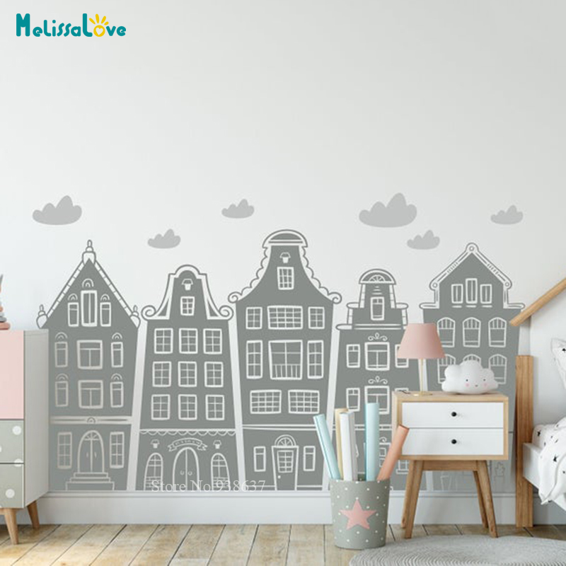 Scandinavian Houses & Clouds D - Baby Nursery Wallpaper incelemesi ve fiyatı