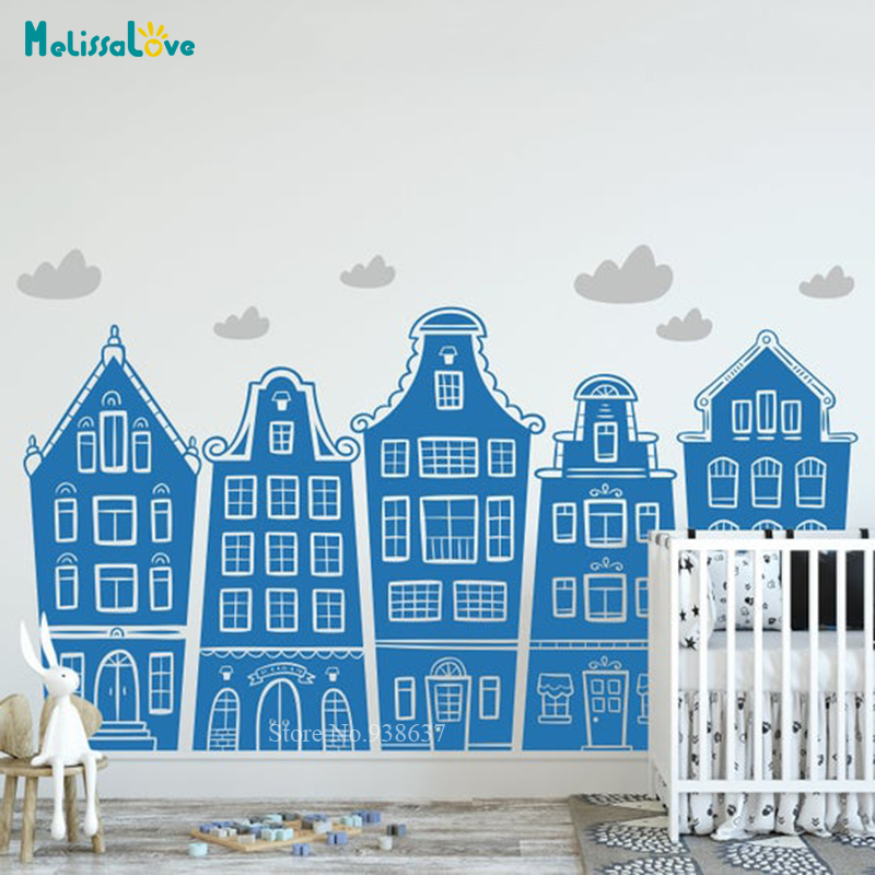 Scandinavian Houses & Clouds D - Baby Nursery Wallpaper incelemesi ve fiyatı