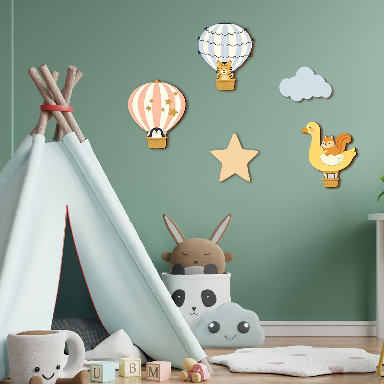 5Pcs Animal Hot Air Balloon Wo - Baby Nursery Wallpaper incelemesi ve fiyatı