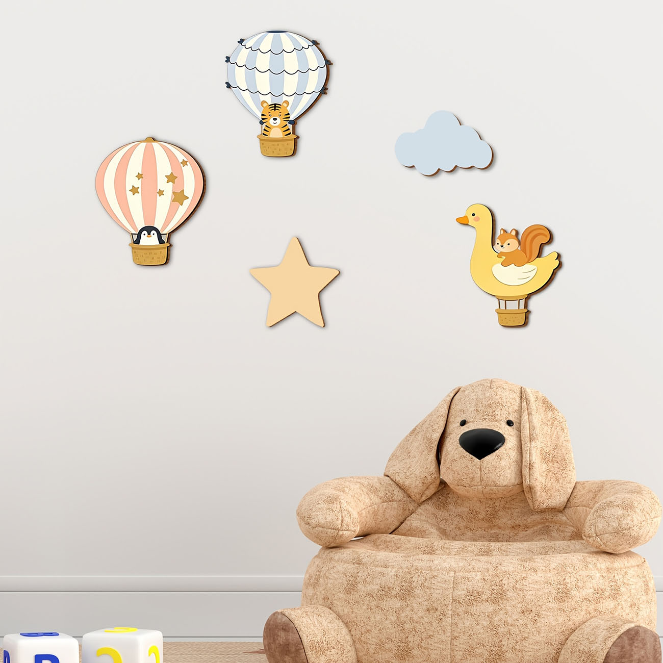 5Pcs Animal Hot Air Balloon Wo - Baby Nursery Wallpaper incelemesi ve fiyatı